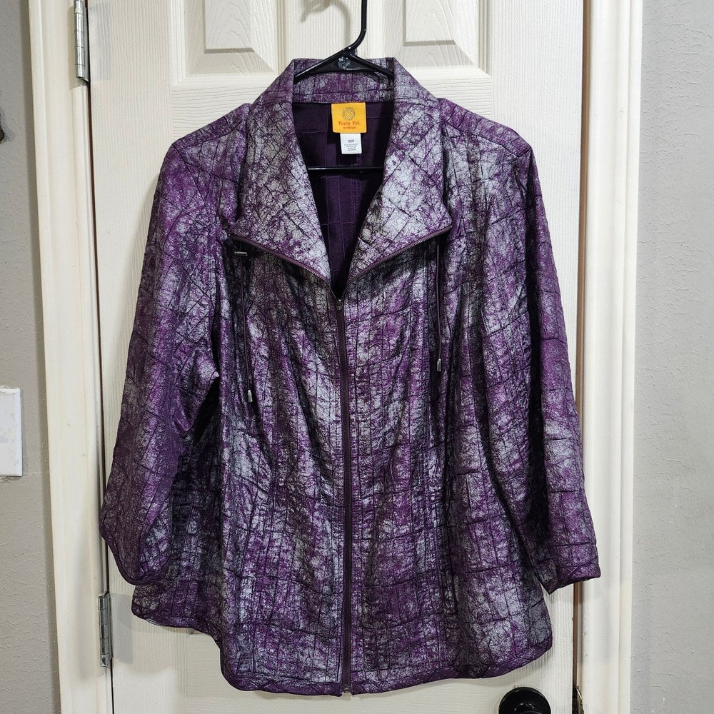 Ruby Rd. Woman Purple Silver Metallic Crackle Quilted Zip Jacket 18W